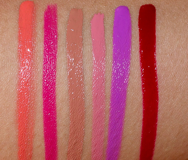 Too Faced Melted Swatches from the left: Melted Coral, Melted Fuchsia, Melted Nude, Melted Peony, Melted Violet and Melted Ruby
