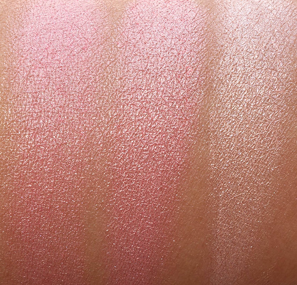 BECCA Beach Tint Shimmer Souffle swatches from the left: Lychee/Opal, Watermelon/Moonstone and Guava/Moonstone