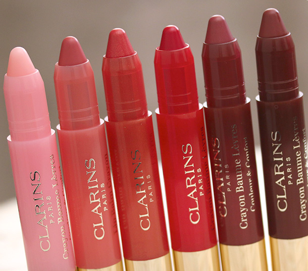 Clarins Lip Balm Crayons from the left: 01 My Pink, 02 Tender Pink, 03 Tender Coral, 04 Sweet Cherry, 05 Delicious Plum and 06 Soft Coffee