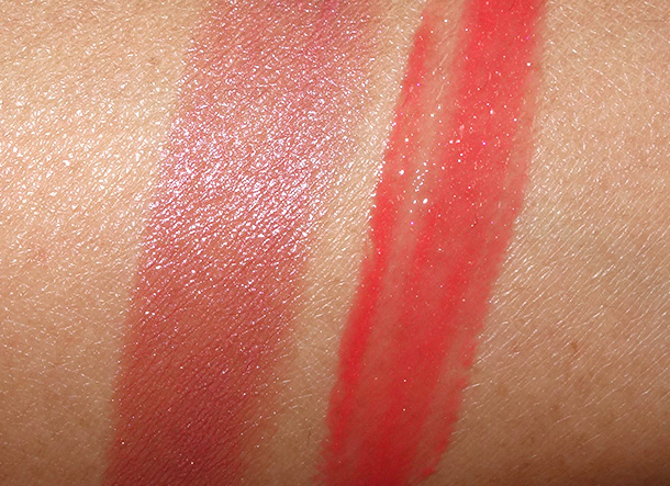 Guerlain Summer 2014 Swatches: 602 Tonka Imperiale Rouge Automatique (right) and 940 Nahema Stack Gloss D'Enfer Maxi Shine (right)
