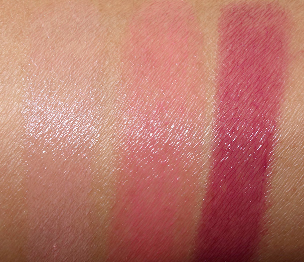 Laura Mercier Gel Lip Colour Swatches from the left: Flushed, Heartbreaker and Temptation