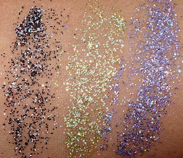 MAC 3D Glitter Swatches from the left: 3D Black, 3D Brass Gold and 3D Lavender