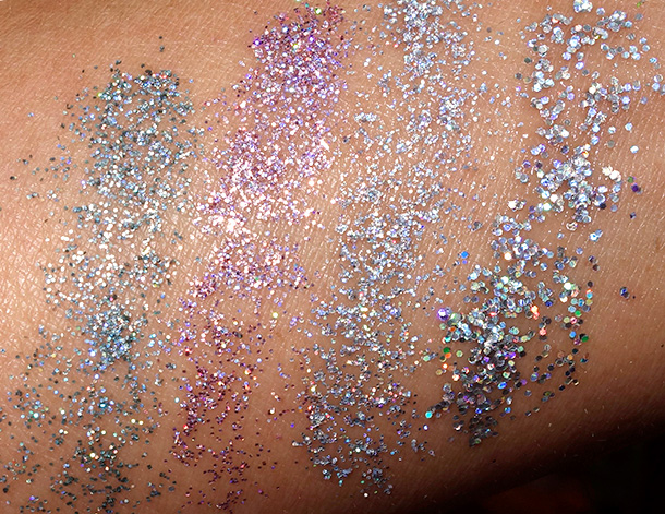 MAC 3D Glitter Swatches from the left: 3D Pale Mint, 3D Pink, 3D Platinum and 3D Silver