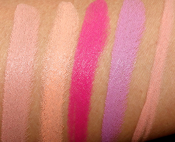 MAC Kelly Osbourne Lipstick swatches from the left: Strip Poker, Riot House, Kelly Yum Yum, Dodgy Girl and In Synch