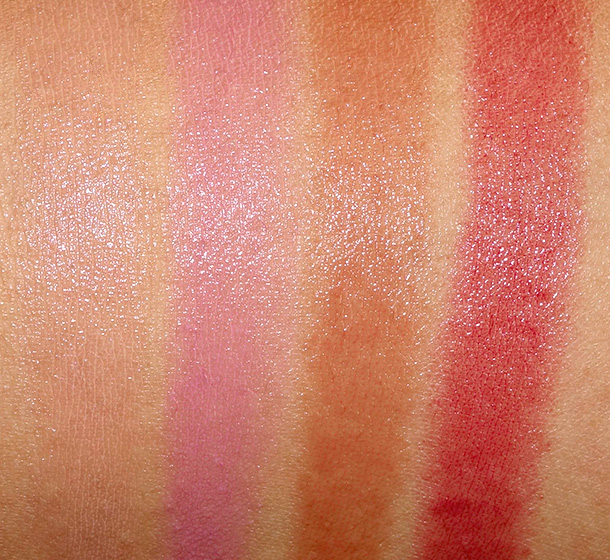 MAC Sharon Osbourne Collection Swatches Patentpolish Lip Pencils in Innocent, Patentpink, French Kiss and Ruby