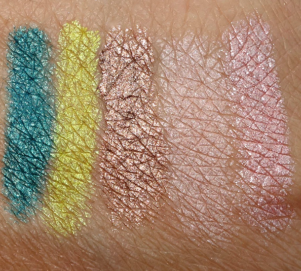 Make Up For Ever Aqua Matic swatches from the left: Iridescent Turquoise I-20, Iridescent Lime Green I-30, Metallic Golden Taupe ME-50, Metallic Pinkish Beige ME-54 and Satiny Flesh-Colored PInk S-52