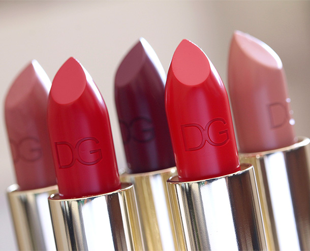 Dolce & Gabbana Lipsticks from the left: Petal, Devil, Dahlia, Fire and Mandorla