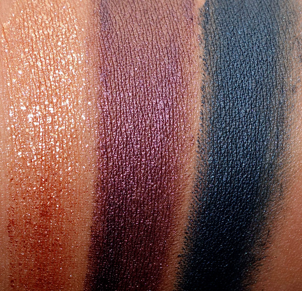 MAC Moody Blooms Fluidline Swatches from the left: Copperthorn, Nightshade and Black Ivy