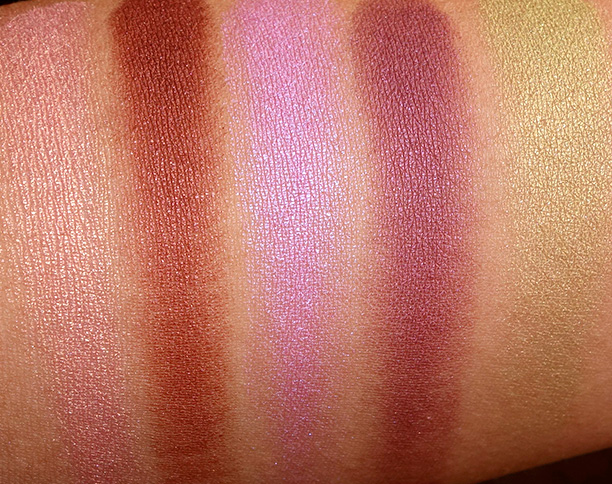 MAC Moody Blooms swatches Eye Shadows from the left: Artistic License, Deep Fixation, Blooming Mad, Hidden Motive and Lucky Green