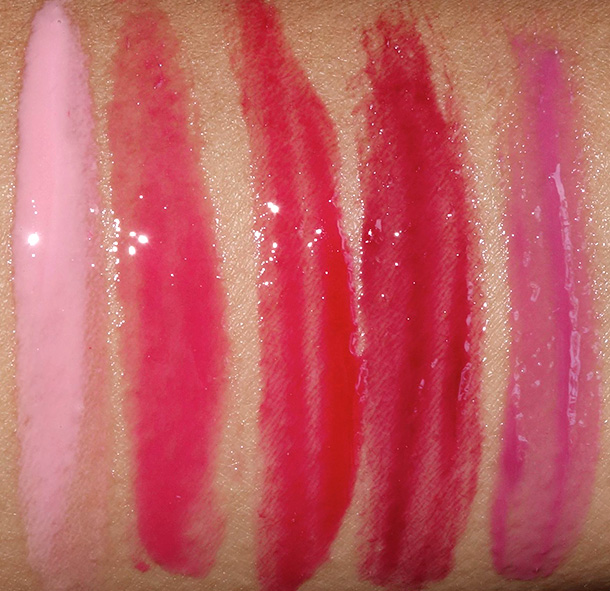 MAC Sheen Supreme Lipglass Tints Swatches from the left: Bubble Gum, Gwi-Yo-Mi, Blushing Berry, Glorious Intent and Simply Wow