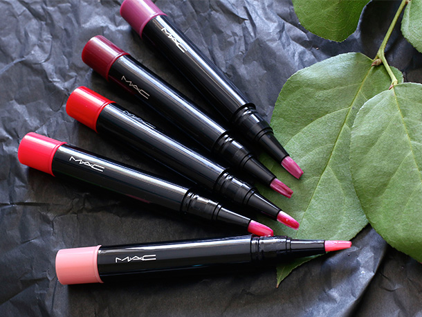 MAC Sheen Supreme Lipglass Tints from the lightest shade on the bottom to the top: Bubble Gum, Gwi-Yo-Mi, Blushing Berry, Glorious Intent and Simply Wow