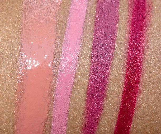 Too Faced Smitten Kitten Collection Swatches from the left: La Creme Lipstick in Country Star; Melted Long Wear Lipsticks in Melted Marshmallow, Melted Fig and Melted Berry