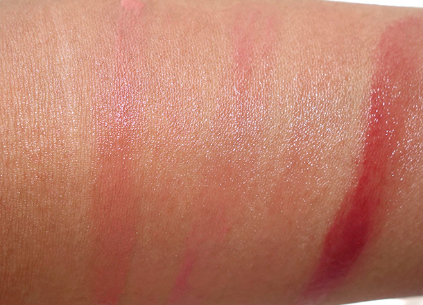 Too Faced La Creme Lip Balms Swatches from the left: Like Buttah (clear), Honey Bunny (a sheer nude), Peachy Keen (a sheer peach), Pink Slip (a sheer pink), Just Kissed (a sheer rose) and Plum Craze (a sheer plum)