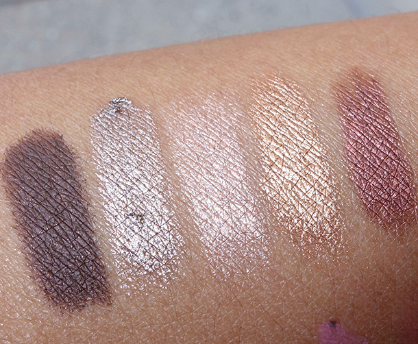 Laura Mercier Caviar Sticks Swatches from the left: Cocoa, Moonlight, Rosegold, Copper and Burnished Bronze
