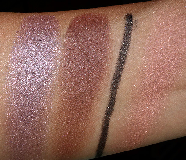 Swatches of additional NARS fall 2014 items worn in this look from the left: Dolomites Duo Eyeshadow, Night Clubbing Eyeliner and Unlawful Blush