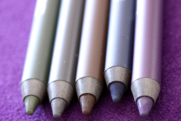 Urban Decay 24/7 Velvet Glide-On Eye Pencils from the left: Cult, Lure, Lush, Minx and Plushie