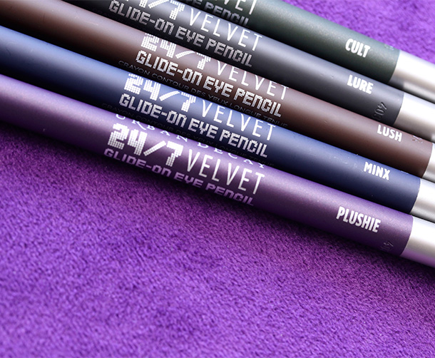 The new Urban Decay 24/7 Velvet Glide-On Eye Pencils in Cult, Lure, Lush, Minx and Plushie