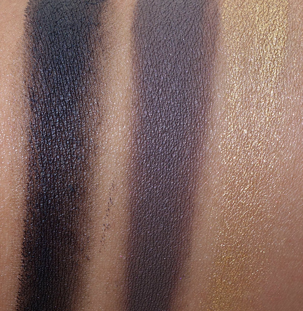 Giorgio Armani Beauty Eye & Brow Maestro Swatches from the left: 1 Jet Black, 2 Wenge Wood and 9 Gold