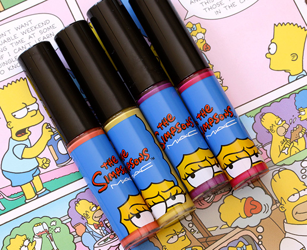 MAC Simpsons Lipglasses from the let: Grand Pumpkin, Nacho Cheese Explosion, Itchy & Scratchy & Sexy and Red Blazer