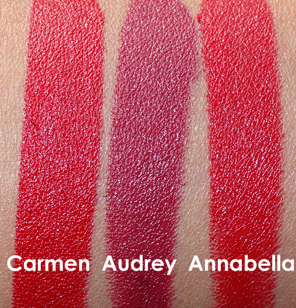NARS Audacious Lipstick Swatches from the left: Carmen, Audrey and Annabella