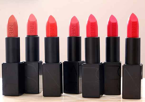 NARS Audacious Lipsticks orange and coral shades from the left: Catherine, Juliette, Geraldine, Natalie, Kelly, Greta and Grace
