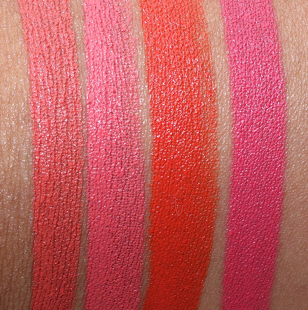 NARS Audacious Lipstick swatches from the left: Catherine, Juliette, Geraldine and Natalie