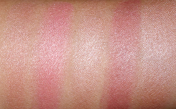 BECCA Beach Tint Shimmer Souffles swatches from the left: Fig/Opal, Lychee/Opal, Guava/Moonstone, Raspberry/Opal and Watermelon/Moonstone