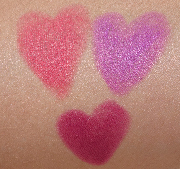 LORAC Pro Matte Lip Color Swatches clockwise from the bottom: Magenta, Coral and Violet
