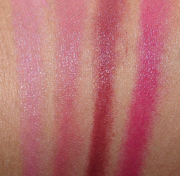 L'Oreal Glossy Balm swatches from the left: My Babydoll, Lovely Mocha, Petite Plum and Pink Me Up