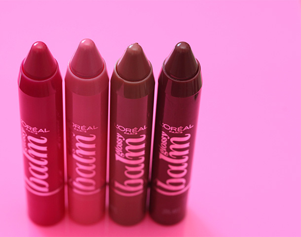 Loreal Gloss Balm from the left: Pink Me Up, My Babydoll, Lovely Mocha and Petite Plum