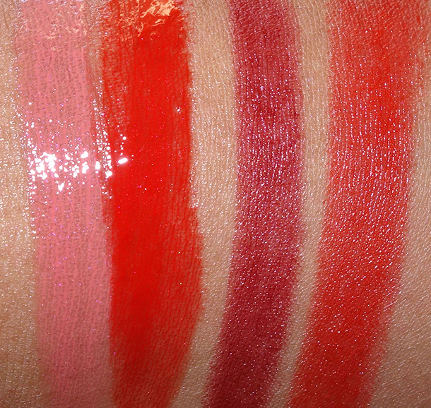 MAC Brooke Shields Swatches from the left: Lipglass in Artful, Lipglass in Knockout, Lipstick in Gospel and Lipstick in Excite