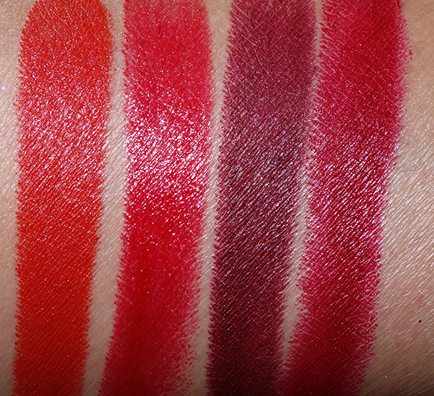 MAC Rocky Horror Lipstick swatches from the left: Strange Journey, Oblivion, Sin and Frank-N-Furter