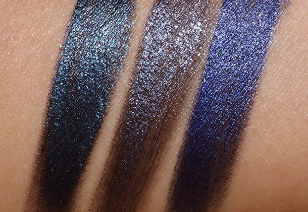 Milani Gel Eye Liner Swatches from the left Enchanted Emerald, Enchanted Black Opal and Enchanted Lapis