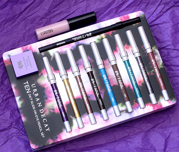 Urban Decay Ten 24/7 Glide-On Eye Pencil Set with a MAC Lipglass for scale