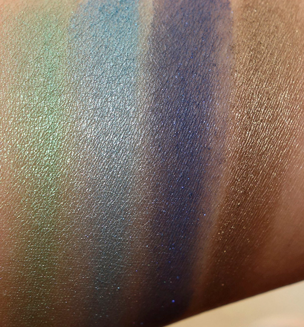 Urban Decay Vice3 swatches from the left: Dragon, Freeze, Heroine and Brokedown