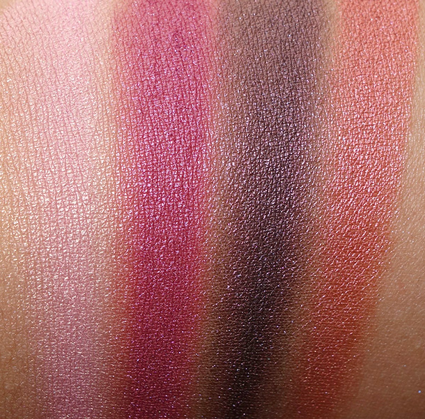 Urban Decay Vice3 swatches from the left: Alien, Alchemy, Bondage and Sonic