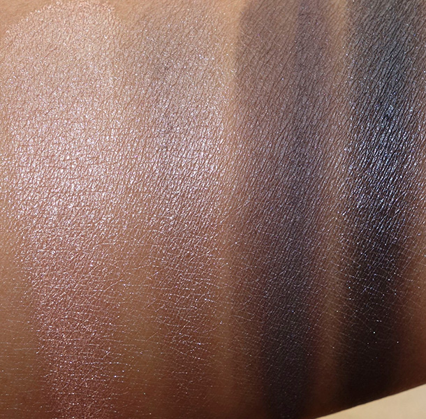 Urban Decay Vice3 swatches from the left: Last Sin, Angel, Defy and Revolver