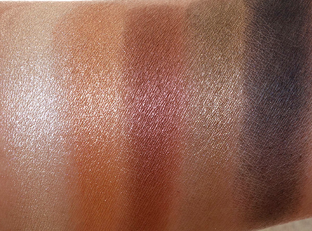 MAC Brooke Shields Gravitas Swatches 2MAC Brooke Shields Gravitas Swatches, Middle Row: Canter, Luscious, Antiqued, Psyche and Carbon