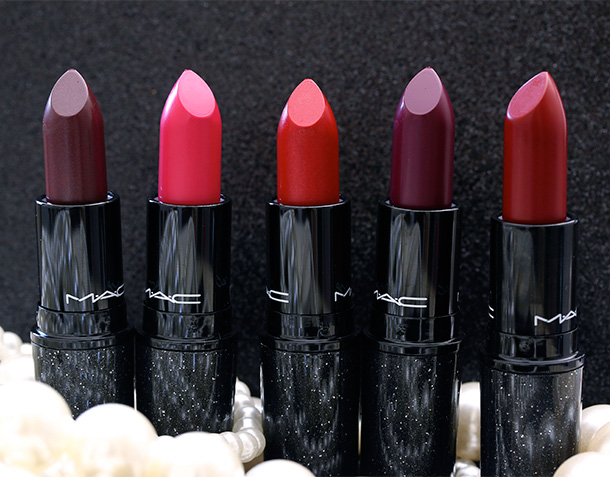 MAC Heirloom Mix Lipsticks from the left: Tribalist, No Faux Pas, Sparks of Romance, Rebel and Salon Rouge