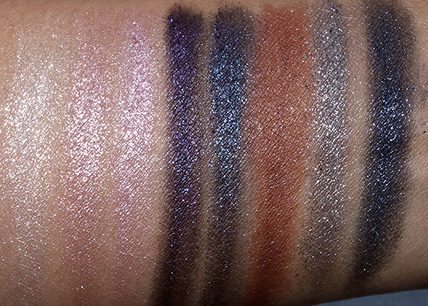 MAC Heirloom Mix Pressed Pigments from the left: Regal Affair, Nostalgic, Noble Descent, Victorian Plum, Enchantment, Modern Majesty, Noblesse Oblige and Prim and Proper