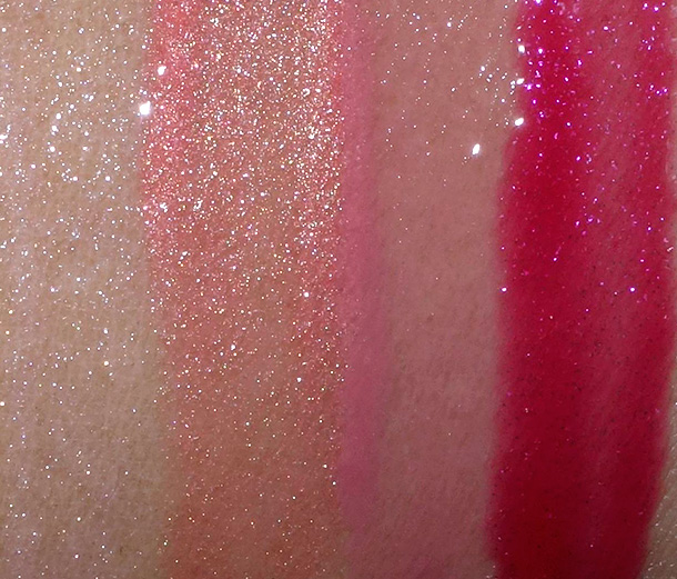 MAC Objects of Affection Nude and Red Lip Gloss Swatches from the left: Paper Lantern, Dynasty at Dusk, Deelight and Love Alert