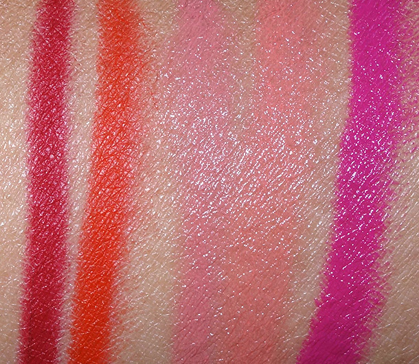 NARS Digital World Lip Pencil Swatches from the left: Velvet Matte Lip Pencil in Cruella, Velvet Matte Lip Pencil in Iberico, Satin Lip Pencil in Descanso and Satin Lip Pencil in Torres Del Paine