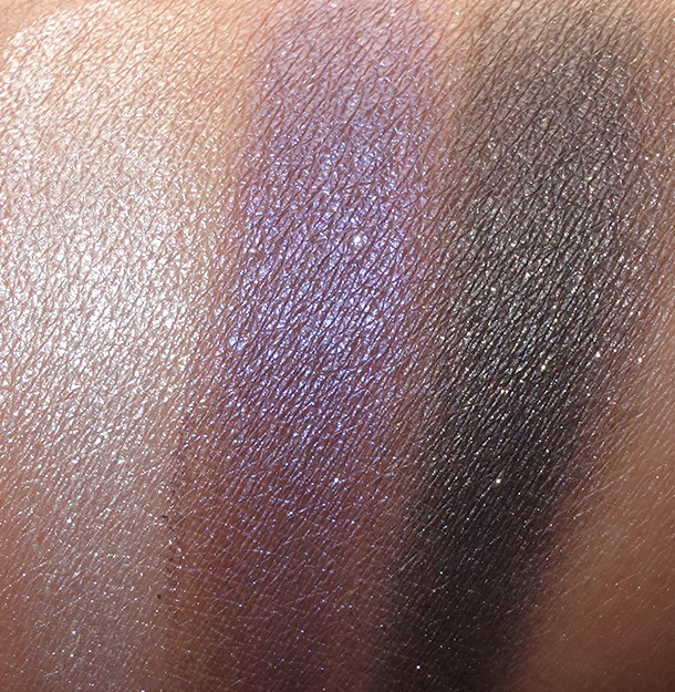 NARS Holiday 2014 swatches from the left: Hardwired Eyeshadows in Opal Coast, Canberra and Gabon