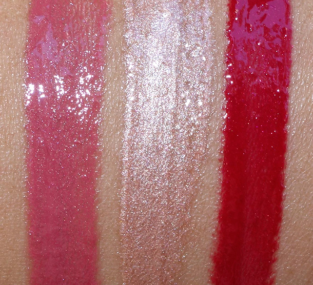 NARS Lipglosses from the Laced With Edge Holiday collection swatches from the left: Corsica, Soleil D'Orient and Burning Love