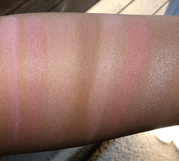 Benefit Cheeky Sweet Spot Box o Blushes swatches from the left: Dandelion, Bella Bamba, Sugarbomb, Hoola, Coralista and Rock