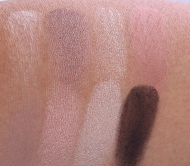 Bobbi Brown Deluxe Lip Eye Palette Eye Shadow swatches from the left, top row: Ivory, Sandy Rose, Chiffon and Antique Rose; bottom row: Malted, Bronzed Pink, Cream and Black Chocolate