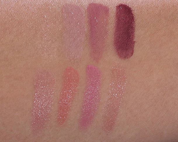Bobbi Brown Deluxe Lip Eye Palette Lip Color Swatches from the left, top row: Pink Sequin, Pale Mauve, Blue Raspberry and Black Cherry; bottom row: Pale Beige, Coral PInk, Pink Blossom and Rose Garden