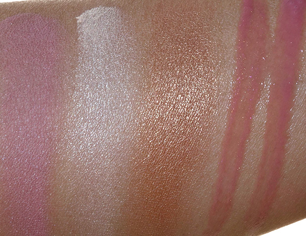Buxom Dollys High Roller Collection swatches from the left: Blush in Dolly, Luminizer in Bankroll, Hot Escapes Bronzer in Tahiti, Lip Polish in Dolly and Lip Cream in Dolly