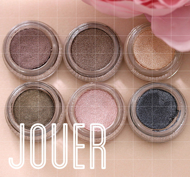 Jouer Long-Wear Creme Mousse Eyeshadow Swatches from the left: Dusk, Galaxy, Moonlight, Night Sky, Starlight and Twilight