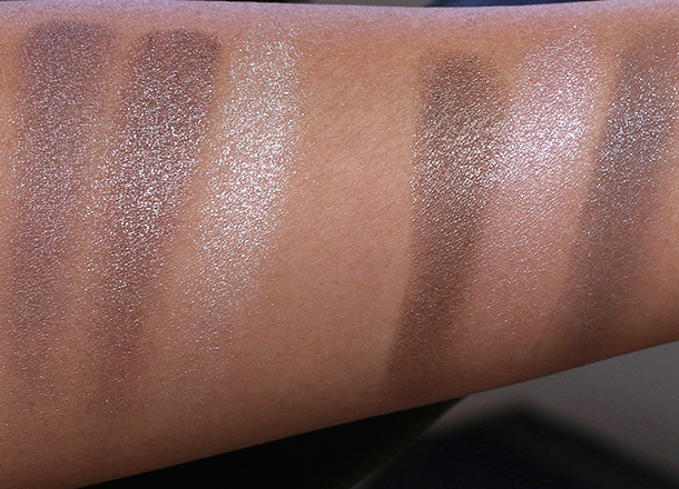 Jouer Long-Wear Creme Mousse Eyeshadow Swatches from the left: Dusk, Galaxy, Moonlight, Night Sky, Starlight and Twilight